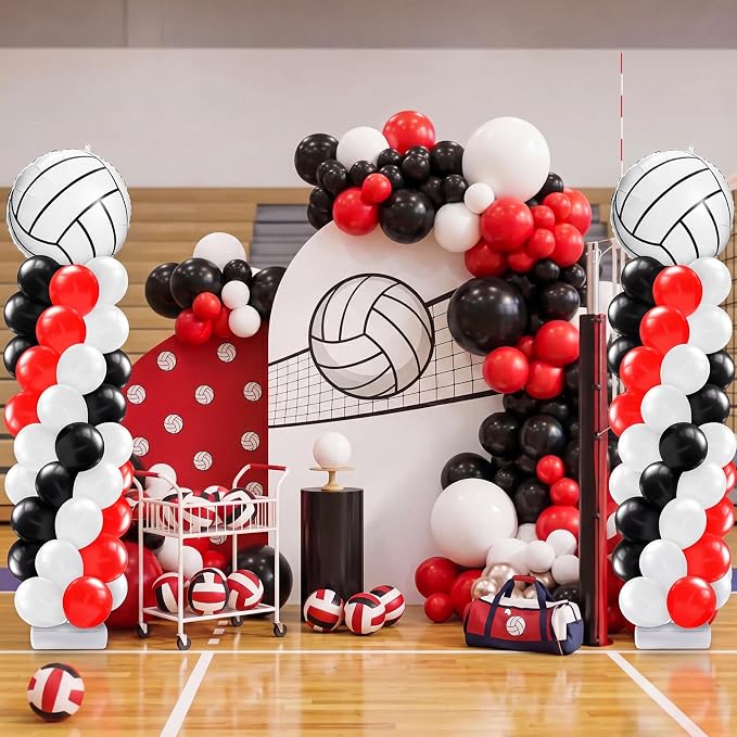 Kasyat 2 Sets Volleyball Balloon Column Stand Kit Red Black White Volleyball - Image 2