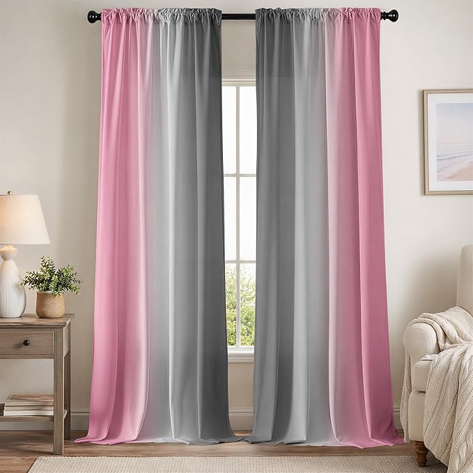 Pink Curtains 84 Inch Length 2 Panel Set Pink and Grey Ombre Curtains by XFLINGBAO