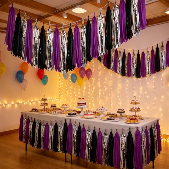 Purple, and Metallic Silver Tassel 30Pcs Tissue Paper Tassels Garland DIY - Image 4