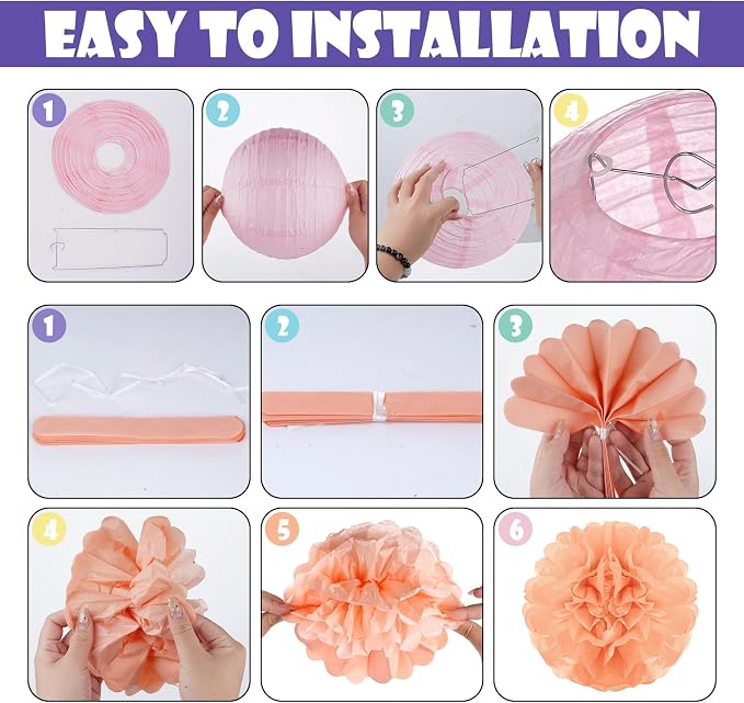 Pastel Paper Lanterns and Pom Poms Flowers Paper Lanterns Party Decorations | - Image 4