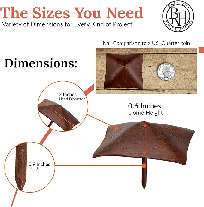 10 Pack 2" Square Head Iron Clavos Decorative Nails – Sealed Rusted – Handmade Rustic Square Fasteners for Farmhouse Shutters, Faux Wood, Barn Doors, Shutters, and Gates – Ornamental Wood Accent