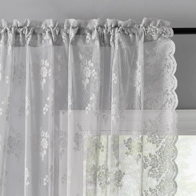Kotile Grey Lace Curtains for Bedroom Rustic Floral 52 x 63 Inch, 2 Panels | - Image 2