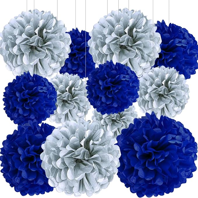 BRZIKWT 12 Pcs Blue Silver Tissue Paper Pom Poms by Unknown