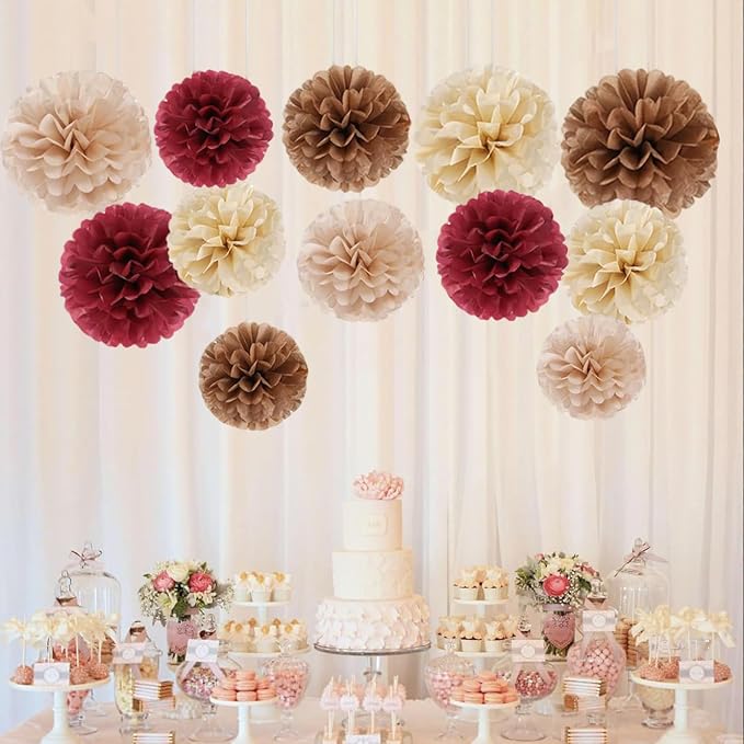 Capesaro Burgundy Beige 12PCS Paper Pom Poms Party Decorations - Image 8