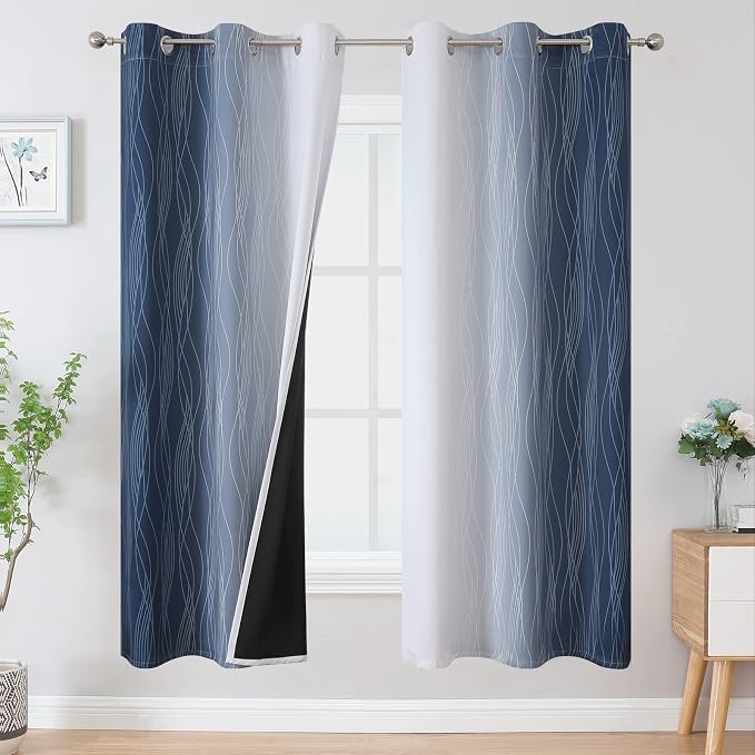 Full Room Darkening Greyish White and Navy Blue Blackout Curtains 72 Inch by ESTELARTEXTILER