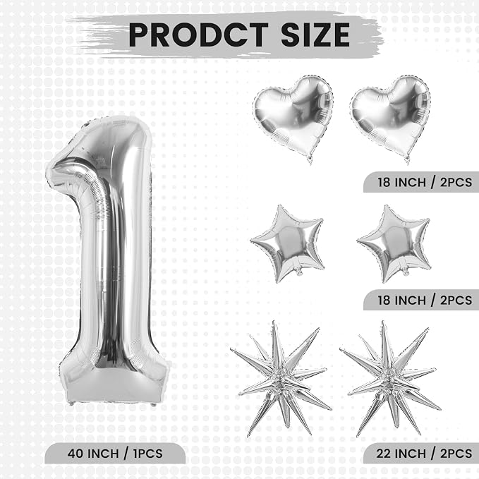 TONIFUL 1st Birthday Balloons Kit 40Inch Silver Large Number 1 Foil Balloon | - Image 2