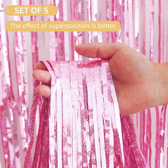 5 Pack Pink Foil Curtain Backdrop 3.2ft x 9.8ft Metallic Tinsel Foil Fringe - Image 2