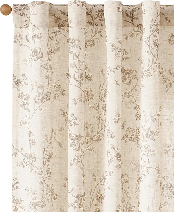 jinchan Taupe Floral Linen Curtains 96 Inch Farmhouse Back Tab 2 Panels | - Image 2