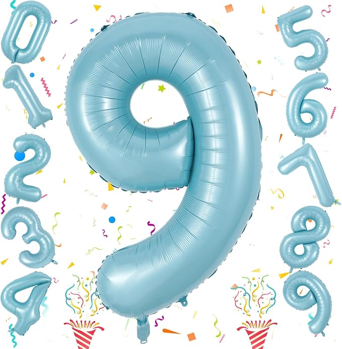 9 Balloons Number, 40 Inch Large Light Blue Mylar Number 9 Balloon, Baby Sky - Image 8