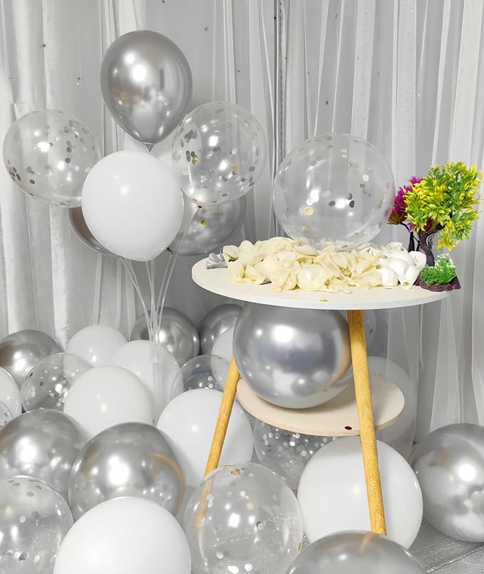 300 Pack White and Silver Balloons 12 Inch Silver Confetti Balloon - Image 6