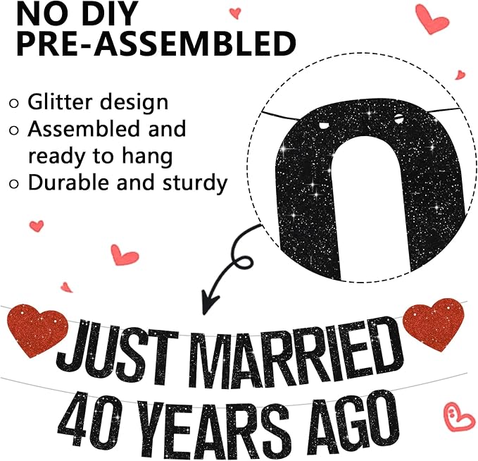 Black Glitter Just Married 40 Years Ago Banner, NO DIY, Pre-Strung 40th Wedding - Image 2