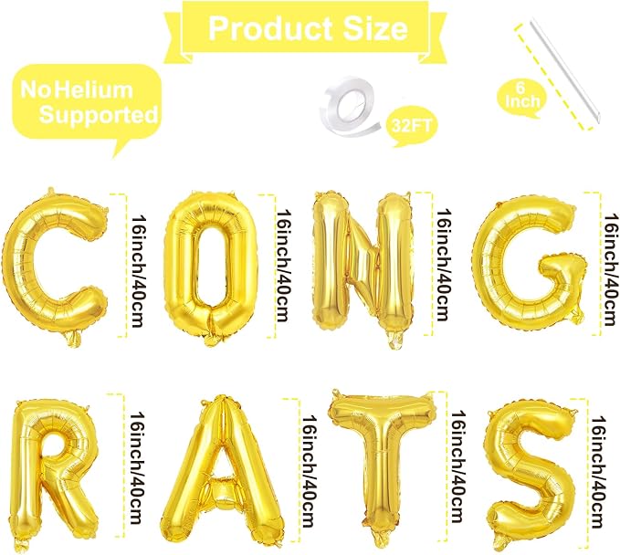 16 Inch Gold 'CONGRATS' Balloon Banner - Image 2
