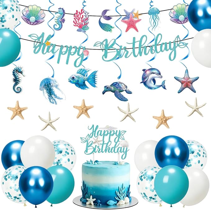Ocean Birthday Banner, Cake Toppers Under Sea Party Decor | Under The Sea by Unknown