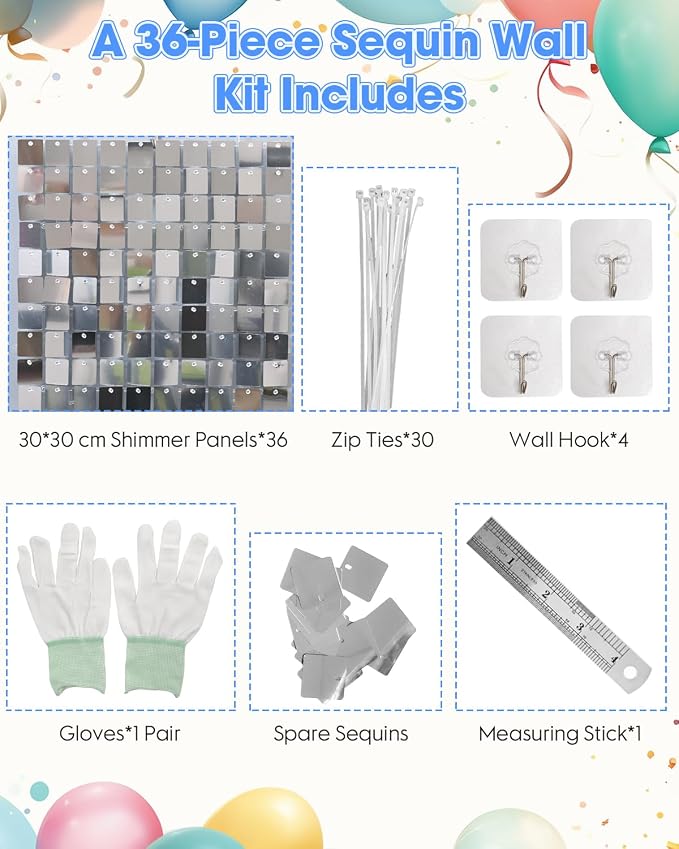 Silver Shimmer Wall Backdrop 36 Panels Cover 6 x 6 Ft, Photo Backdrops - Image 2