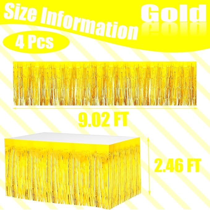 4 Pack 29x108 Inch Metallic Foil Fringe Tinsel Table Skirts for Rectangle Tables Streamer Curtains Backdrop for Wedding, Birthday, Parade Floats, Christmas, Halloween Party Decoration(Gold)