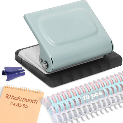 10 Hole Punch Binding Machine for Planners with 10 Multi-Color Binder Rings, 30 Holes on A4, 20 Holes on A5, 26 Holes on B5, 10 Sheet Capacity (Pale Blue)