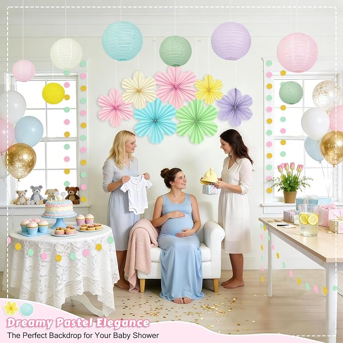 Pastel Hanging Decorations for Classroom, 20-Pc Paper Lanterns Flower Fans | - Image 7