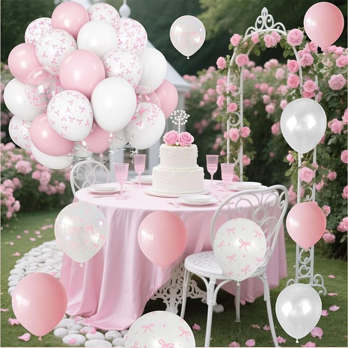 Pink Bow Balloons Light Pink and White Balloon 12inch Clear Bow Balloons - Image 2