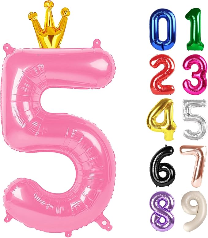 5 Balloon - Pink with Crown Birthday Number Balloons, 40 Inch Decorations | by ALPHADELTAPI
