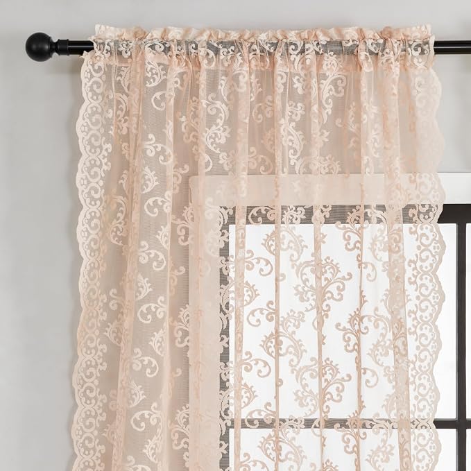 FOLKSIDE Blush Pink Lace Curtains 90 Inches Long 2 Panels Victorian Floral - Image 3