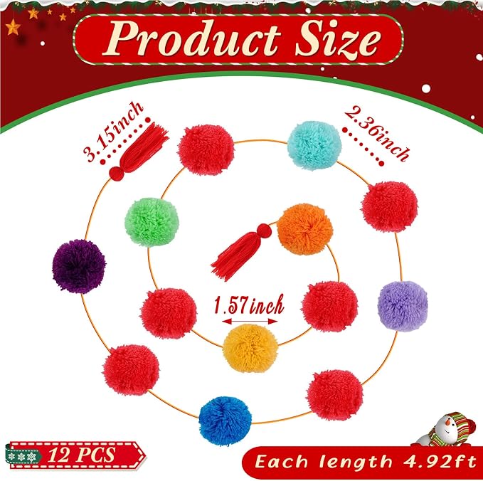 Jecery Yarn Pom Pom Tassel Garland Hanukkah Strand Rainbow Hanging Garland - Image 3