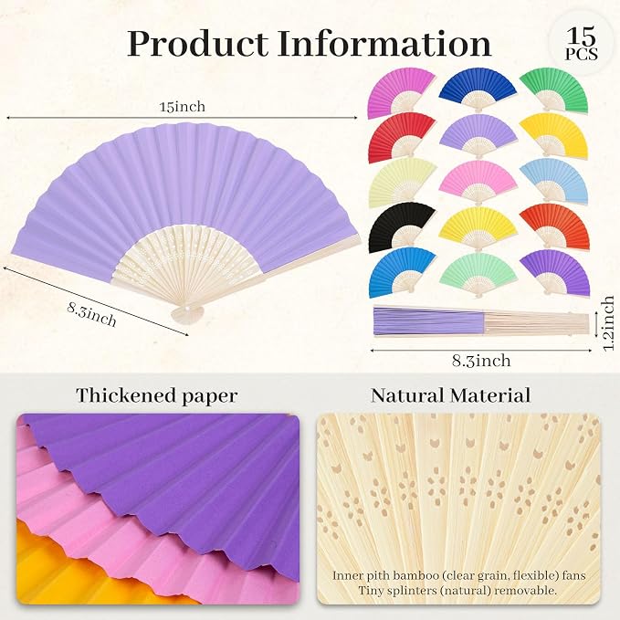 DomeStar 15 PCS Paper Folding Hand Fans, 8.3 Inch Multicolored Paper Fans | - Image 7