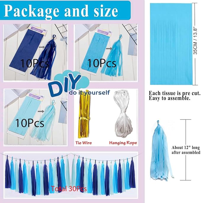 Blue Ombre Tassel 30Pcs Tissue Paper Tassels Garland DIY Hanging Paper - Image 2