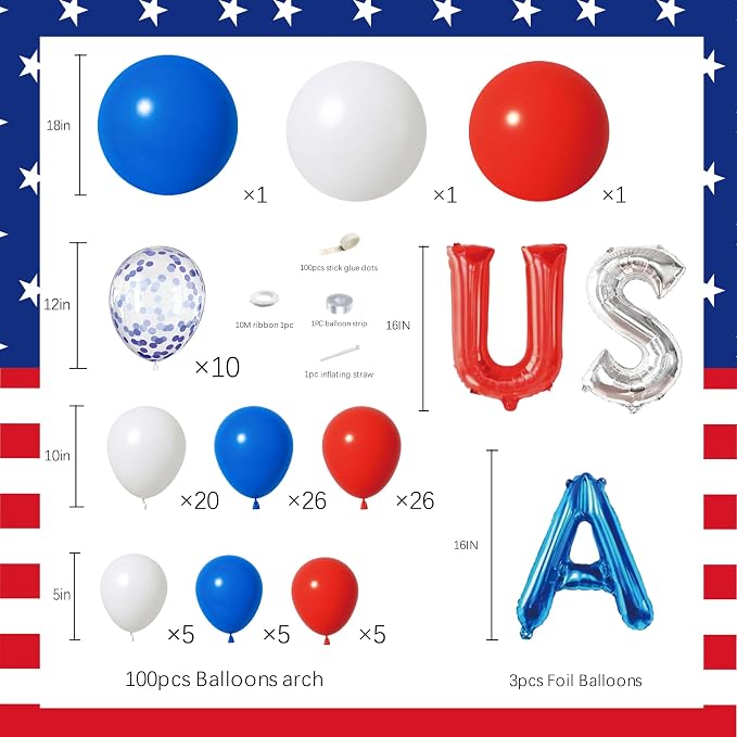 107 Pcs Red White and Blue Balloon Arch Kit, 16-Inch USA Foil Letters and - Image 2