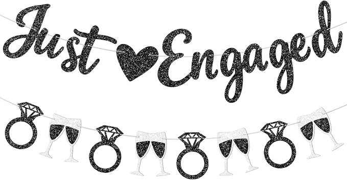 Black Just Engaged Banner Prestrung Engagement Party Decorations Happy by Blopee