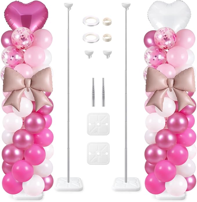Skylety 2 Sets Pink and White Balloon Column Stand Kit Adjustable Pink White by Skylety