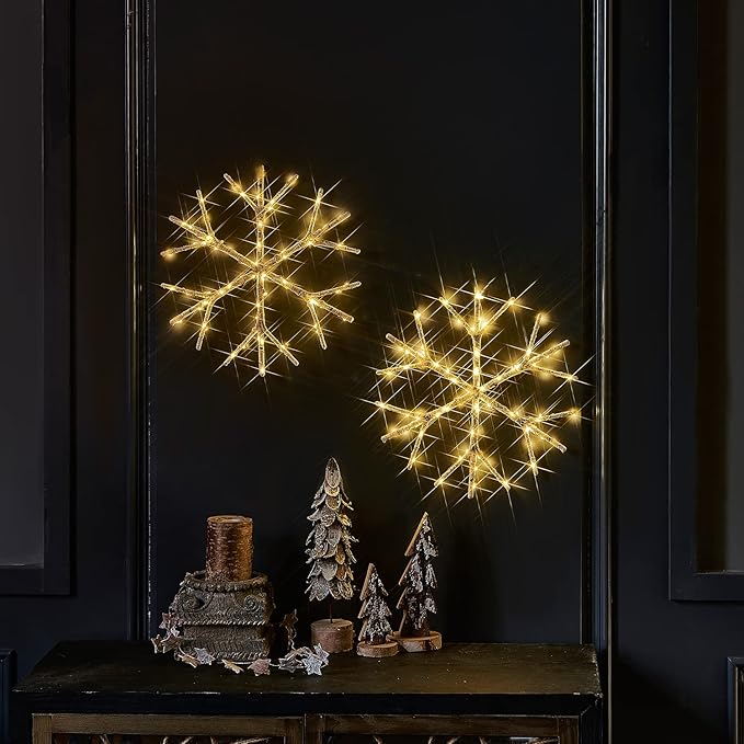 Fudios Snowflake Lights Warm White Battery Operated with Timer 70 LED 14in for Christmas Wall Window Decoration 2sets
