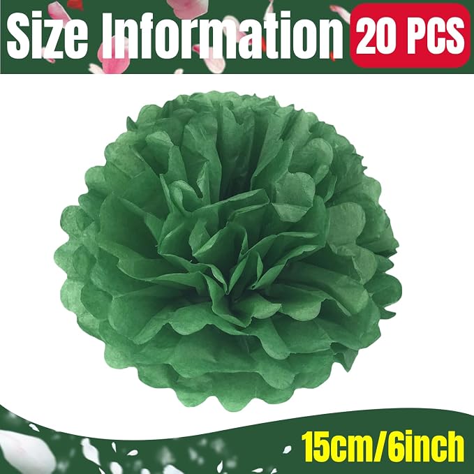 Qimoo 20pcs Dark Green Paper Pom Poms Decorations, DIY Decorative Tissue Paper - Image 2