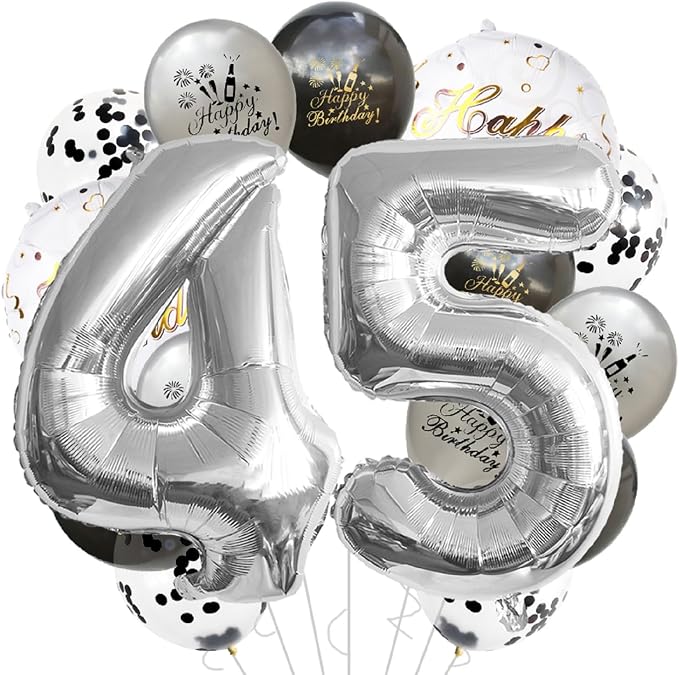 45th Birthday Decoration Silver Number 45 Balloon Set Black & gray Star Foil by Unknown
