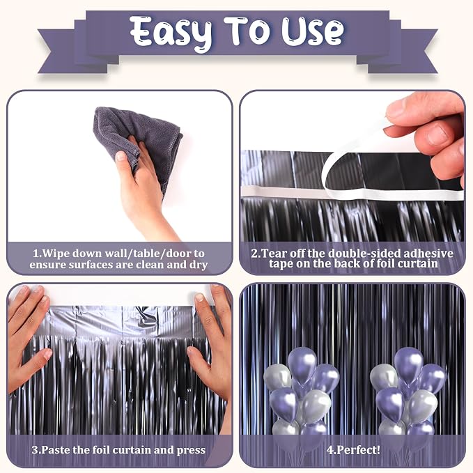 Voircoloria Dark Blue Foil Fringe Backdrop Curtains, 3 Pack | Tinsel Streamers - Image 3