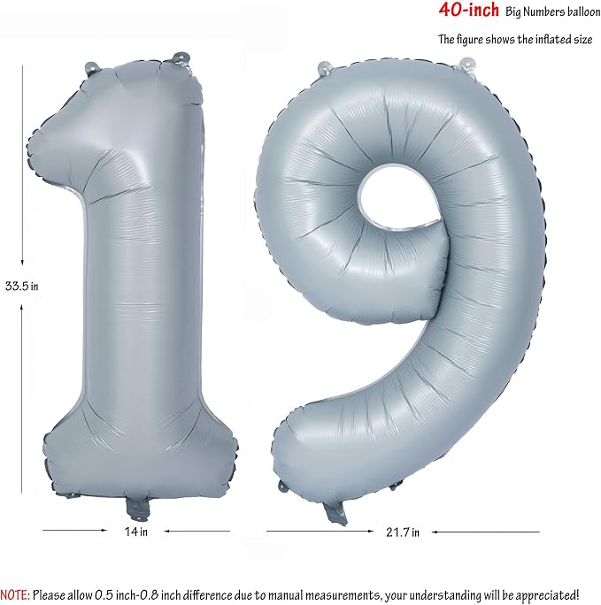 40 In Matte gray Number Balloon Helium Foil Mylar Birthday Balloon Digit 19 | - Image 2