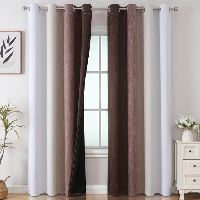 Brown and Greyish White Ombre Blackout Curtains 90 Inch Length 2 Panels Set - Image 2