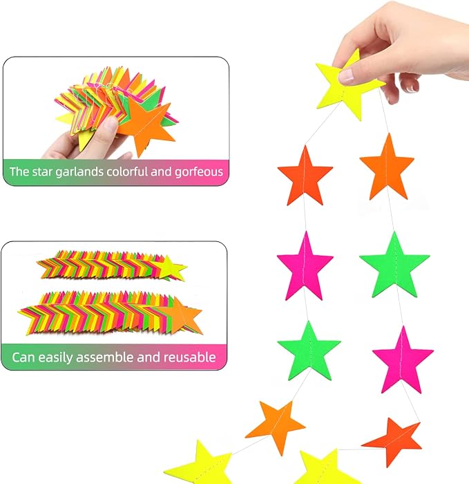 110feet UV Star Paper Neon Garland Streamers Black Light Decorations - Image 7