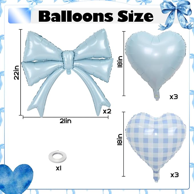 Pastel Blue Bow Balloons & Checkered Heart Foil Balloon Set, Coquette Birthday - Image 2
