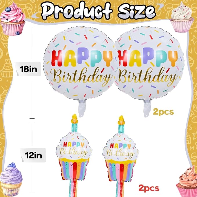 Happy Birthday Cupcake Cute Foil Balloons, Rainbow Sprinkle Happy Birthday - Image 2