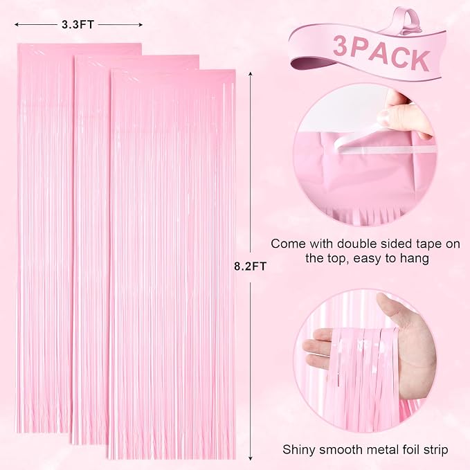 Voircoloria Pastel Pink Foil Fringe Backdrop Curtains, 3 Pack | Tinsel Streamers - Image 3