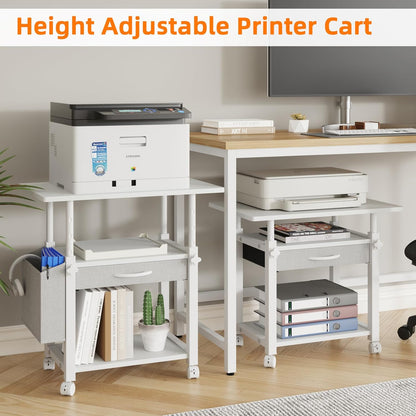 Large 22"x15" Printer Stand, 3-Tier Height Adjustable with Storage Drawer & Side Bag, Rolling Cart for Heat Press/Laser/3D Printer (White)