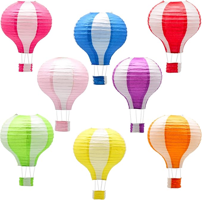 8 Pcs Striped Hot Air Balloon Paper Lanterns, 12 in Hanging Ceiling Decor | by YIOTJUNL
