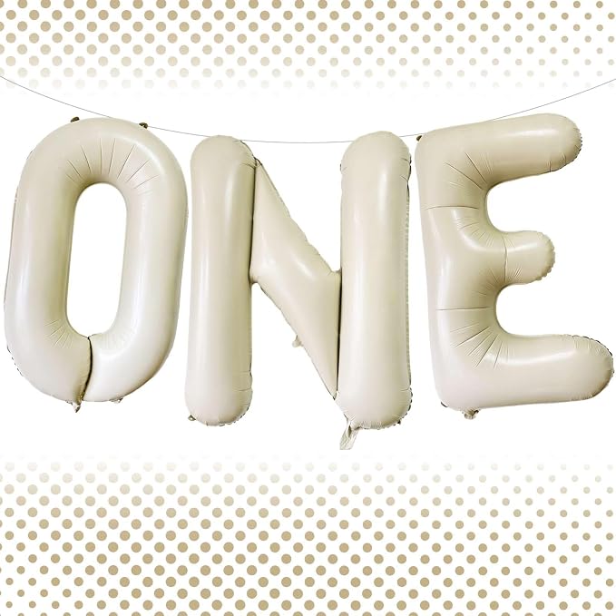 40 Inch Beige One Balloons, Giant Cream White Letters One Balloons Foil Mylar by Lovoir