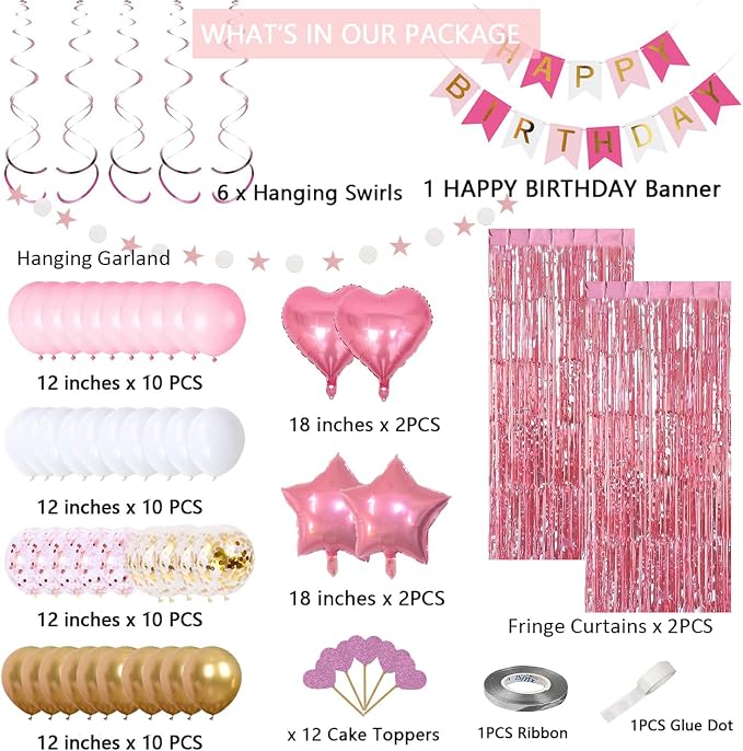 Pink Gold Birthday Party Decorations, Happy Birthday Banner, Heart Star Foil - Image 2