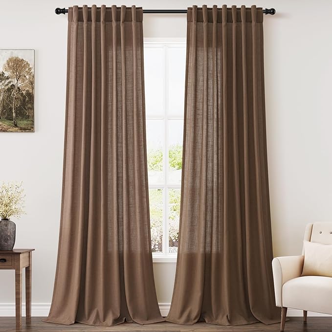 Caramel Brown Linen Curtains 90 Inch Length 2 Panels Set by Nanspring
