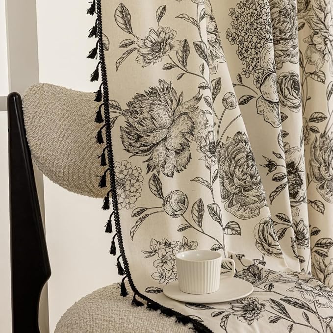 F-CHU Black Floral Farmhouse Curtains Living Room Drapes 84 Inch Length Cotton - Image 6