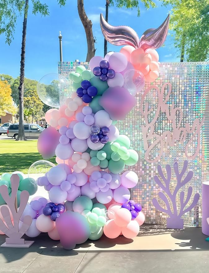 Mermaid Balloons, Glitter Metallic Purple Green Light Teal Balloon - Image 5