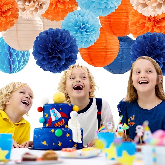 Navy-Blue Orange Champagne Party-Decorations Paper-Flowers - Image 3