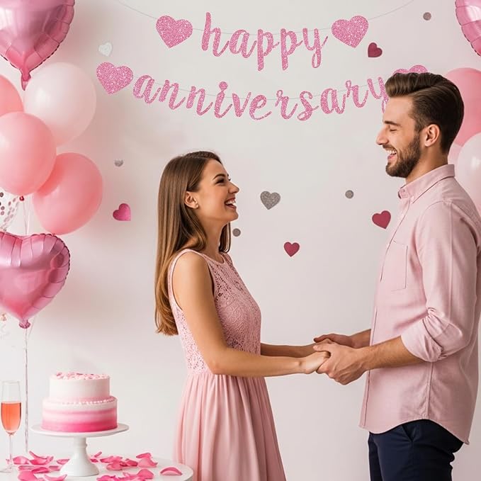 BEISHIDA Glitter Pre-Strung Pink Happy Anniversary Banner Decoration | NO DIY - Image 6