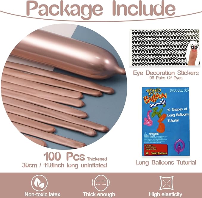 260 Balloons Metallic Rose Gold, Thickened 100 Pack Long Balloons Twisting - Image 2